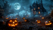 © Adisorn - Haunted Mansion under Full Moon with Glowing Jack-o'-Lanterns