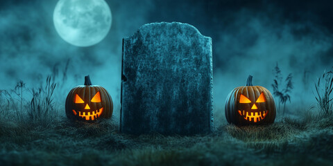 Blank gravestone sign in a foggy, moonlit cemetery, glowing jack-o'-lanterns, mist, a spooky Halloween scene with copyspace for custom message, customizable horizontal banner layout