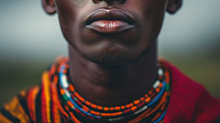 Wall Mural - An African man with a red and orange necklace is looking at the camera