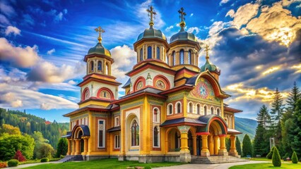 Majestic Orthodox Church in Ghelari, Romania features imposing architecture and stunning interior iconography, showcasing vibrant colors and intricate details in a serene atmosphere.