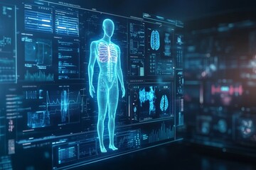Creative glowing blue medical interface hologram on wide dark background with mock up place. 