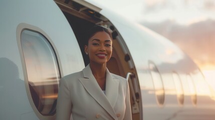 Aufkleber - A flight attendant greets passengers at the door of a private jet as the sun sets in the background, creating a welcoming atmosphere. Generative AI