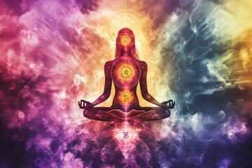 Meditating figure in a lotus position, with a radiant chakra glow effect on the body's energy field or grid, 