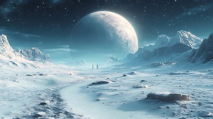 A snowy alien landscape with a large moon and two tall structures in the distance.