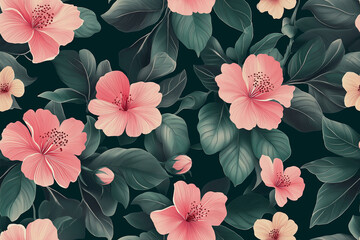 Sticker - Seamless pattern of lush pink hibiscus flowers with detailed green leaves on a dark background, creating an elegant and tropical feel.