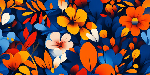 Sticker - A colorful floral pattern with a vibrant mix of blue, orange, and red flowers, set against a dark background, creating a striking and energetic design.