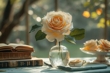 Wall Mural - A vase with a single rose in it sits on a table next to a stack of books