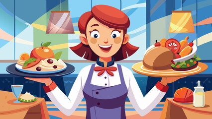 A woman is holding two plates of food, one with a salad and the other with a meat dish. She is smiling and she is a server at a restaurant