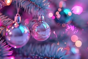 Wall Mural - A Christmas tree with two shiny silver ornaments hanging from it, generative ai image