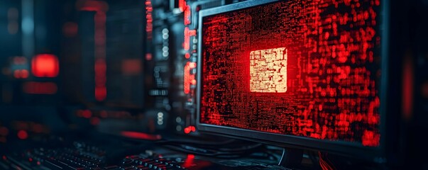 Red Binary Code on Computer Monitor   Digital Technology Concept