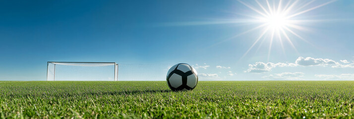 Soccer Ball on Green Grass Field with Goal in Background - A soccer ball rests on a lush green grass field with a goal in the background. The sun shines brightly in a clear blue sky, symbolizing achie