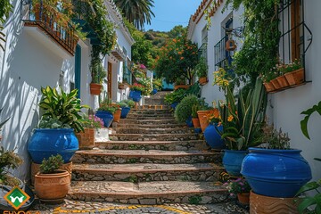 Wall Mural - A narrow street with a blue and white house and a blue