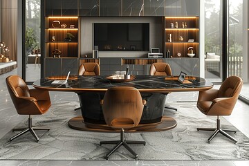 A large, modern conference table with four leather chairs around it