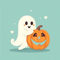 Cute ghost hugs a smiling jack-o'-lantern in a playful Halloween setting