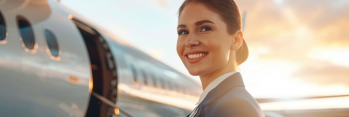 Aufkleber - A flight attendant greets passengers with a smile as she stands next to an aircraft against a colorful sunset backdrop. Generative AI