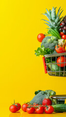 Sticker - A visually appealing 3D rendering of a shopping cart filled with an assortment of grocery items, including bread, dairy products