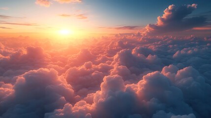 Canvas Print - A stunning aerial view of a sunset over a vast expanse of clouds.  The sun is setting in the distance, casting a warm glow on the clouds.