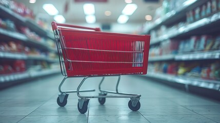 Wall Mural - An evocative concept art portraying a supermarket aisle with an empty red shopping cart standing idle, hinting at the promise