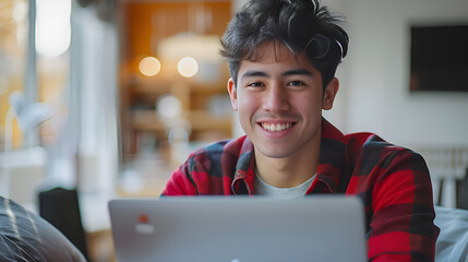 A young man smiling while using a laptop