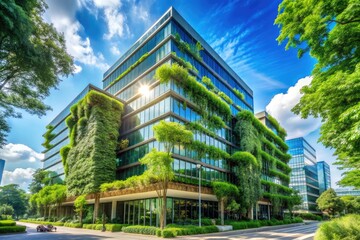 Modern eco-friendly office building with lush green trees surrounding its sleek glass facade, reducing carbon footprint and promoting a sustainable corporate environment in the heart of the city.