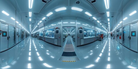 Wall Mural - an immersive 360-degree panorama of a state-of-the-art semiconductor fabrication facility, where pre