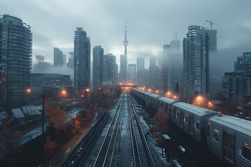 Wall Mural - A city street with a train on it and a tall building in the background