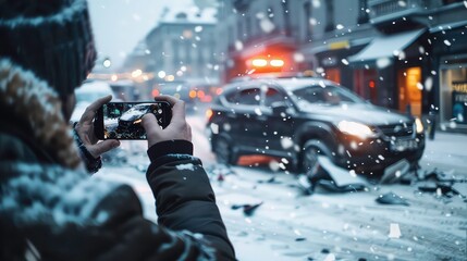 A person in a winter jacket taking a photo of a black car with their phone in the snow.