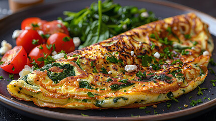 Wall Mural - Spinach and Feta Omelette filled with sautéed spinach, crumbled feta cheese, and diced tomatoes.