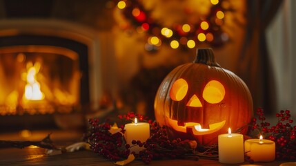 Smiling jack-o-lantern with glowing candlestick, surrounded by candles, and warm fireplace 