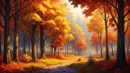 Wall Mural - A vibrant autumn forest with trees displaying red, orange, and yellow Leaves