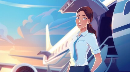 Aufkleber - A flight attendant stands at the jet's steps, smiling warmly as passengers prepare to board during a vibrant sunset. Generative AI