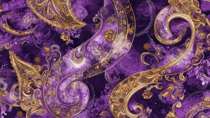 Wall Mural - Purple and Gold Ornate Swirls, Digital Art, Paisley Pattern, Abstract Design, Decorative