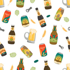 Wall Mural - Cartoon seamless pattern with beer cans and bottles.Drink containers with different labels, glass with beverage and brewing ingredients.Beer festival vector flat illustration on white background.