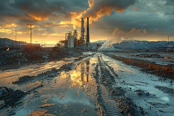 A dirty road with a lot of mud and a large industrial plant in the background