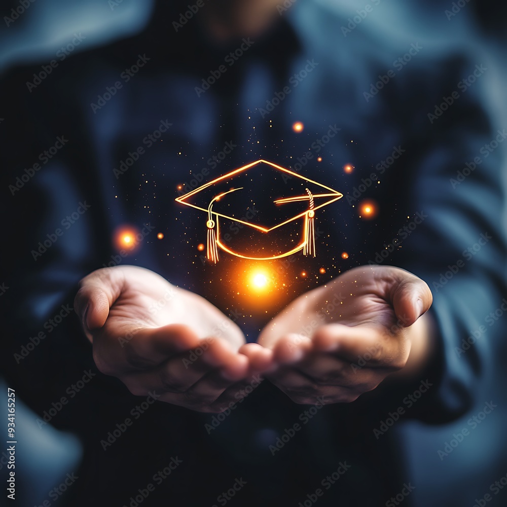Businessman holding virtual graduation cap icon in hand representing ...