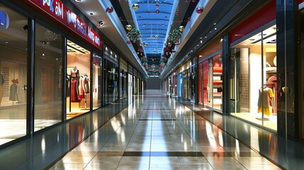 Empty Shopping Mall Corridor Interior Design With Festive Decorations