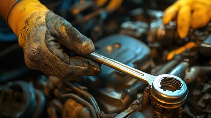 Wall Mural - Mechanic using a wrench to adjust a part in an engine, showcasing detailed mechanical work.