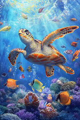 Wall Mural - A sea turtle glides gracefully through crystal-clear water, surrounded by a vibrant array of colorful fish