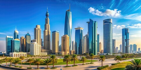 Wall Mural - Modern urban landscape of Kuwait City featuring sleek skyscrapers, with the majestic Al Hamra Tower dominating the skyline in a bright blue sunny day.