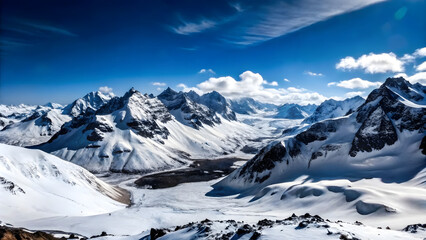 Poster - A panoramic view of a snowy mountain range under a clear blue sky