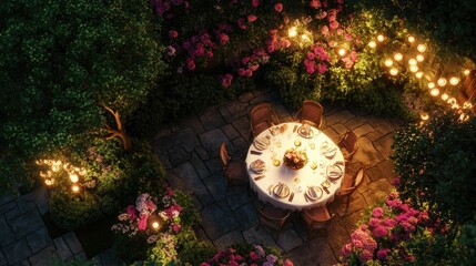 Wall Mural - Top-down shot of an elegant dining setup in a blooming flower garden, with the soft glow of sunrise enhancing the colorful scene.