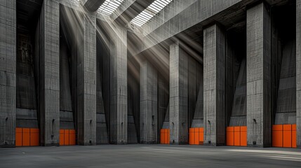 Wall Mural - A spacious industrial interior featuring tall concrete pillars and bright orange doors, illuminated by natural sunlight.