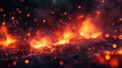 Digital embers glowing softly, with warm hues of orange and red, contrasted against a cool, dark background.