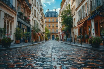 Wall Mural - A cobblestone street with a row of shops on either side