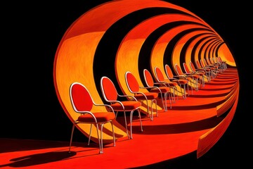 Wall Mural - A vibrant tunnel of orange and red featuring a series of stylish chairs, creating a striking visual for modern architecture.