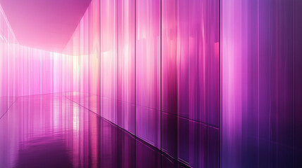 Abstract corridor with glowing pink and purple light reflections on translucent walls