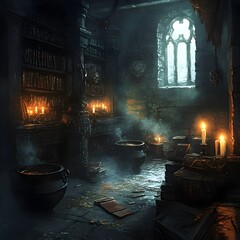 Mysterious Shadowy Vignette of a Witch s Lair with Bubbling Cauldrons Occult Tomes and Flickering