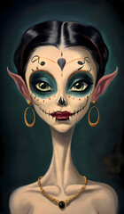 Stylized Day of the Dead character with dark gothic features and gold jewelry