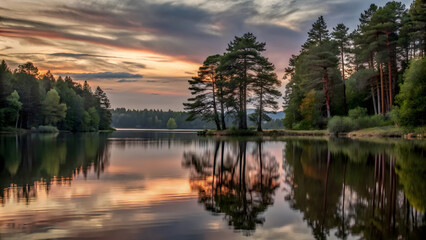 Wall Mural - A scenic view of a calm lake surrounded by pine trees at sunset