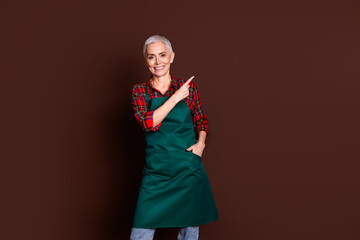 Wall Mural - Photo of adorable positive senior lady employee wear workwear demonstrate empty space isolated on brown color background